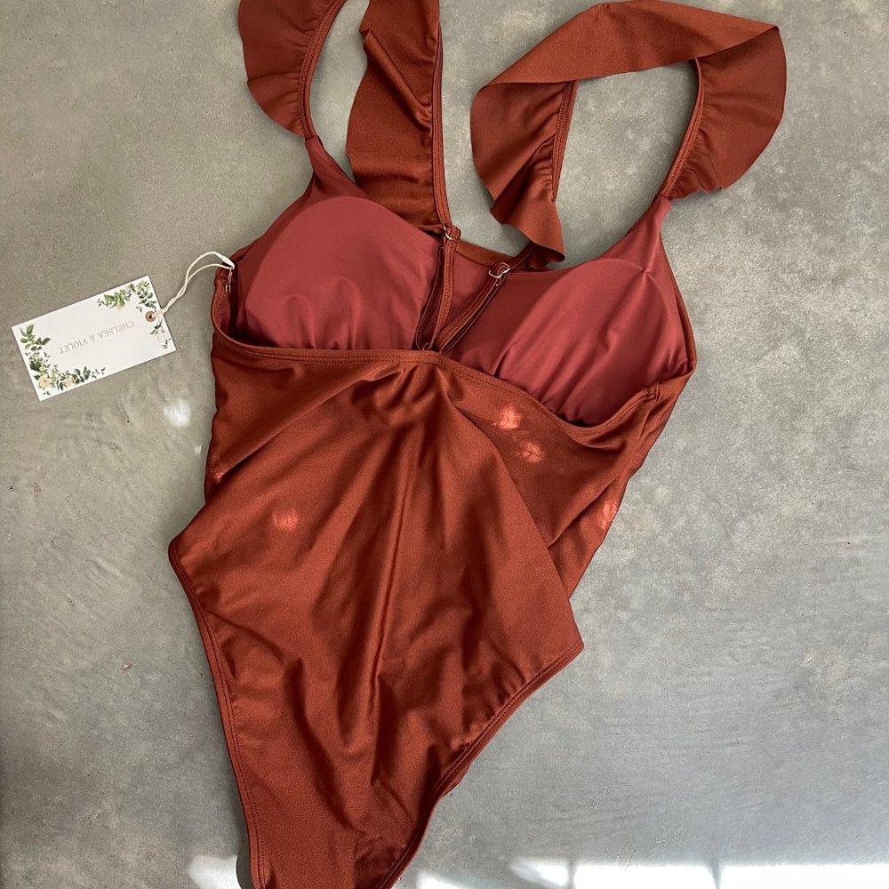 NWT! Chelsea & Violet Burnt Orange Ruffle Shoulder Swim - Picture 3 of 4